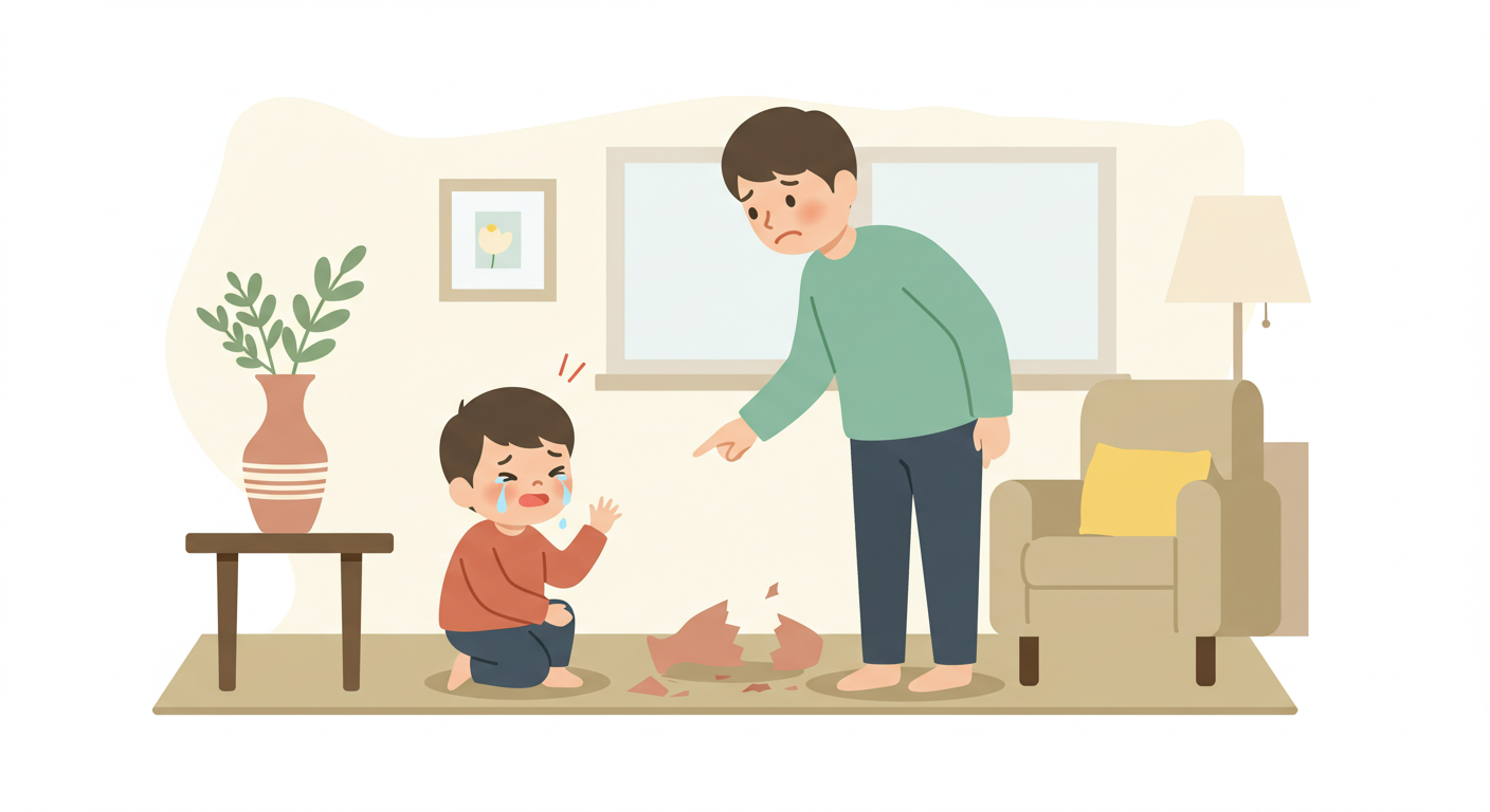物を壊して泣く子どもと指摘する父