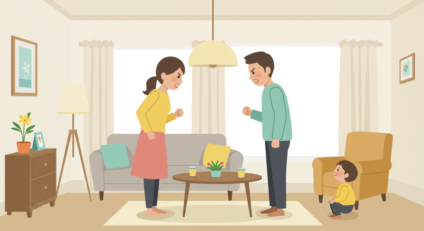 ケンカ中の親と悲しそうな子ども