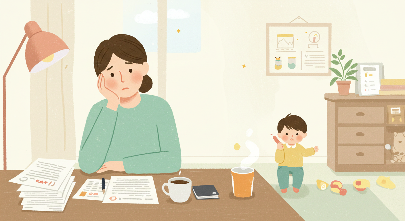 子育ての書類を見つめるママ