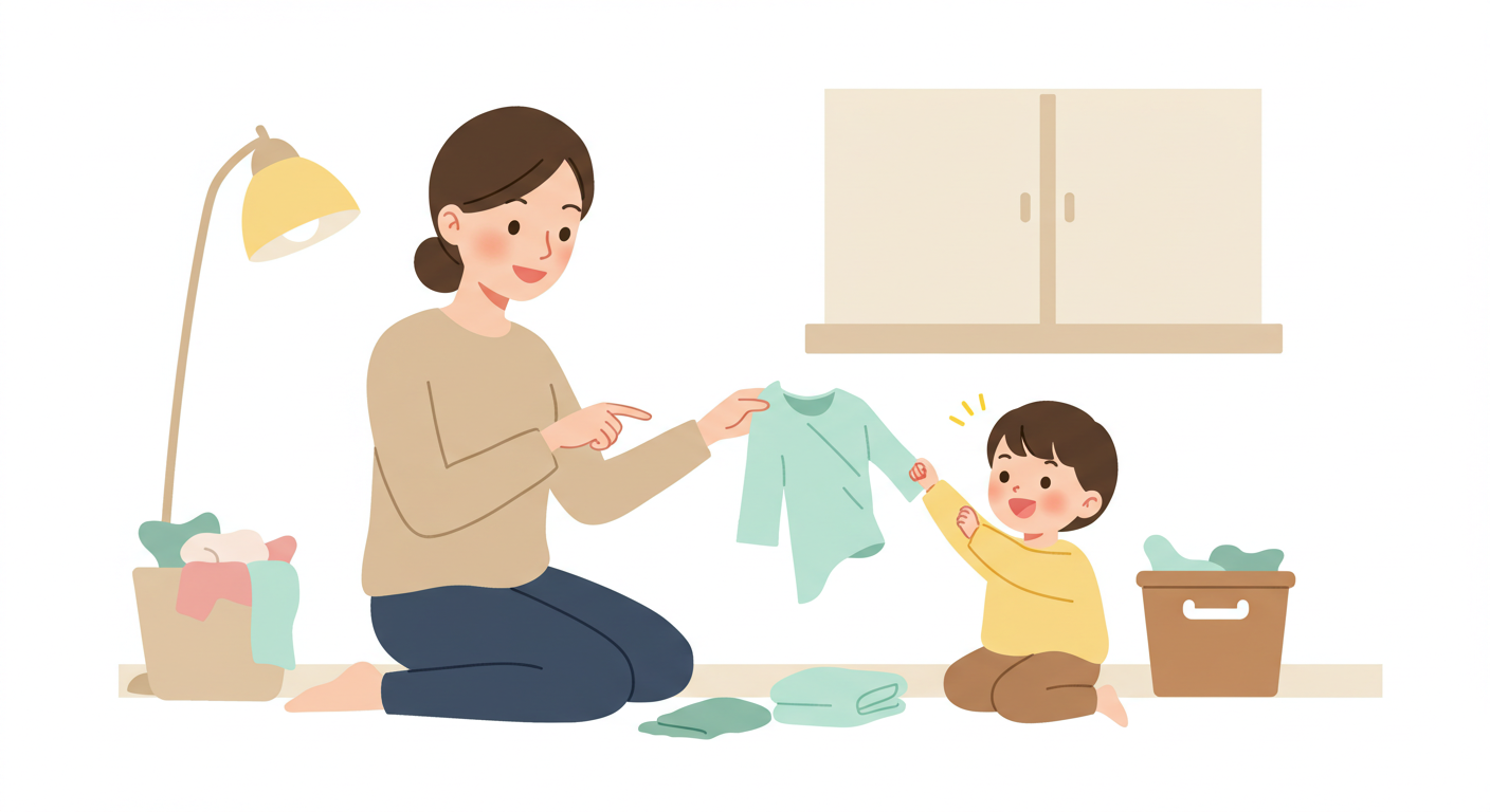 服を着せるママ